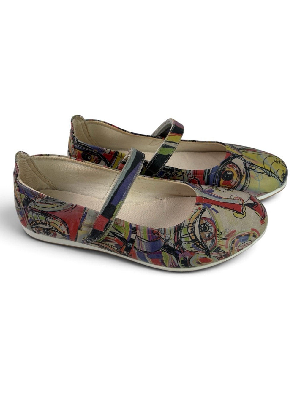 Gola Women's Cream Mary Jane Flats with Multicolor Abstract Face Print